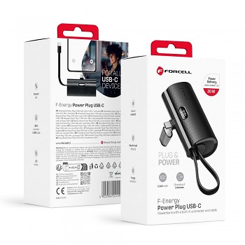 Powerbank Forcell F-Energy Power Plug F5K3 PD 20W 5000 mAh s built-in connector USB-C černá