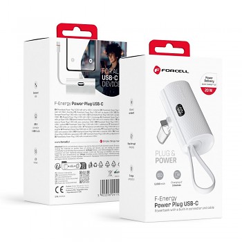 Powerbank Forcell F-Energy Power Plug F5K3 PD 20W 5000 mAh s built-in connector USB-C bílá
