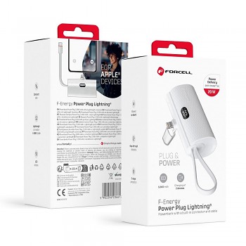Powerbank Forcell F-Energy Power Plug F5K3 PD 20W 5000 mAh s built-in connector Lightning bílá