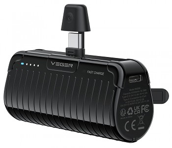 Powerbank Veger PlugOn (W0558) PD QC3.0 3A 20W 5000 mAh s a built-in connector USB-C černá