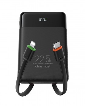 Powerbank Charmast W1202 PD3.0 3A 22.5W 10000 mAh s built-in cables USB-C/ Lightning černá