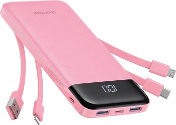 Powerbank 5V 3A 10000 mAh s built-in cables USB-A/ USB-C/ Lightning/ Micro USB Charmast W1148 růžová