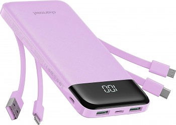Powerbank 5V 3A 10000 mAh s built-in cables USB-A/ USB-C/ Lightning/ Micro USB Charmast W1148 fialová
