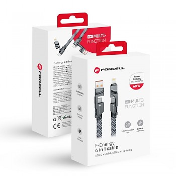 Kabel 4in1 USB-C/ USB-A na USB-C/ Lightning Forcell F-Energy QC PD 3A 60W 1 m C241 chrome