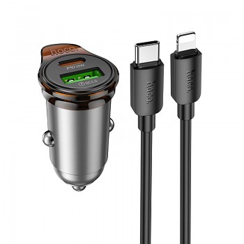 Nabíječka do auta Hoco USB-A + USB-C QC3.0 PD 3A 43W + kabel USB-C na Lightning NZ16A metal šedá