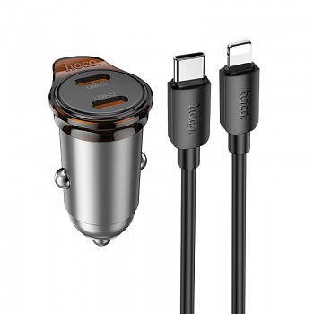 Nabíječka do auta Hoco 2 x USB-C QC PD 45W + kabel USB-C na Lightning NZ16B metal šedá