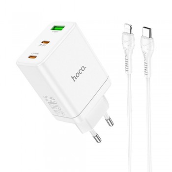 Síťová nabíječka Hoco 2 x USB-C + USB-A QC3.0 PD 3A 35W + kabel USB-C na Lightning N33 bílá