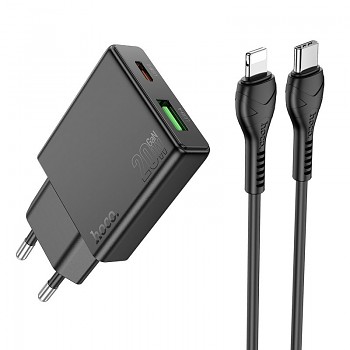 Síťová nabíječka Hoco Slim USB-A + USB-C QC3.0 PD 3A 20W + kabel USB-C na Lightning N38 černá