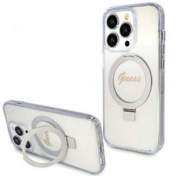 GUESS kryt pro IPHONE 15 Pro kompatibilní s MagSafe (Glitter Script Logo Ring stand) transparentní