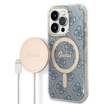 Guess sada pro IPHONE 14 Pro kompatibilní s MagSafe (Bundle Pack / kryt + nabíječka / 4G) gold modrý