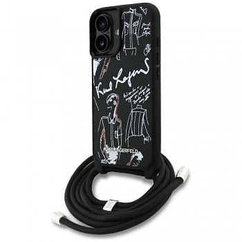 KARL LAGERFELD kryt pro IPHONE 16 kompatibilní s MagSafe (CRSSBY Grained PU W / Pattern & Logo) černý