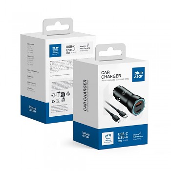 Blue Star nabíječka do auta USB-C a USB-A QC3.0 PD AFC PPS 3A 25W s kabelem USB-C / Lightning černá
