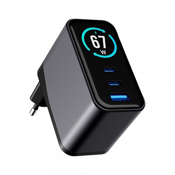 3mk síťová nabíječka incharge® Lumin s TFT displejem 2× USB-C a 1× USB-A výkonem 67 W technologií GaN QC 4+ a PPS černá