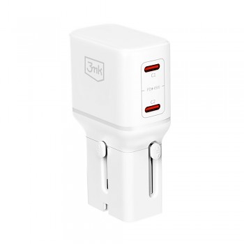 3mk cestovní adaptér incharge® Globe se zásuvkami US / EU / AUS / UK se 2× USB-C výkonem 45 W technologií GaN PD QC4+ PPS a SCP bílý