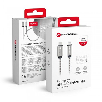 Datový a nabíjecí kabel Forcell F-Energy USB-C na Lightning PD 3A 27W kovový 2 m C238 stříbrný