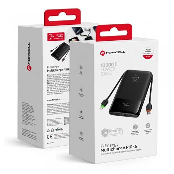 Powerbanka Forcell F-Energy F10k6 Multicharge s kabely USB-C a Lightning PD QC3.0 3A 22.5W 10000 mAh černá
