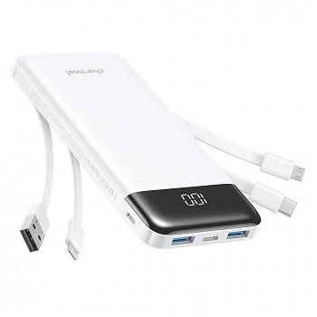 Powerbanka Charmast W1148 10000 mAh 5V / 3A s vestavěnými kabely USB-A / USB-C / Lightning / Micro USB bílá