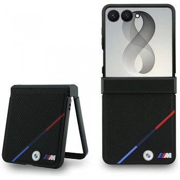 BMW Leather Perforated Tricolor Stripe Metal Logos kryt pro Samsung Galaxy Z Flip 8 s MagSafe černý