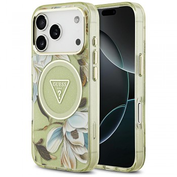 Guess IML Glitter Flowers Triangle MagSafe GUHMP18LHFLPEDN kryt pro iPhone 18 Pro / iPhone 17 Pro zelený