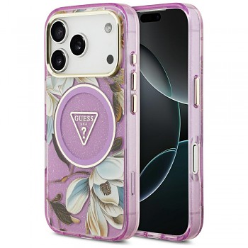 Kryt Guess IML Glitter Flowers Triangle MagSafe GUHMP18LHFLPEDU iPhone 18 Pro / iPhone 17 Pro fialový