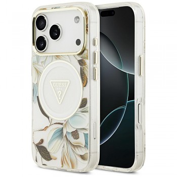 Guess IML Glitter Flowers Triangle MagSafe GUHMP18LHFLPEDH kryt pro iPhone 18 Pro / iPhone 17 Pro bílý