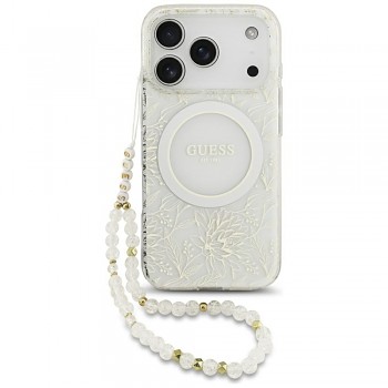 Guess IML Flowers Electroplated with Pearl Strap MagSafe GUHMP18XHCPOFPH kryt pro iPhone 18 Pro Max / iPhone 17 Pro Max bílý