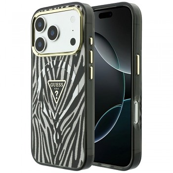 Guess Zebra Glitter Triangle Logo MagSafe GUHMP18L6HZPGTLS kryt pro iPhone 18 Pro / iPhone 17 Pro stříbrný