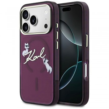Karl Lagerfeld IML Choupette and Karl Script Logo MagSafe kryt pro iPhone 18 Pro / iPhone 17 Pro vínový KLHMP18L5HKSCAR