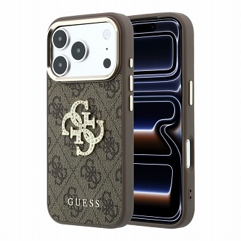 Guess PU 4G Strass Metal Logo Zadní Kryt pro iPhone 18 Pro Max Brown