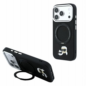 Karl Lagerfeld PU Grained K&CH Heads Ring Stand Magsafe Zadní Kryt pro iPhone 18 Pro Max Black