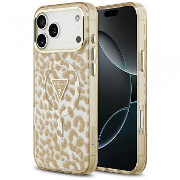 Guess Leopard Glitter Triangle Logo MagSafe GUHMP18XHLEGTGLW kryt na iPhone 18 Pro Max / iPhone 17 Pro Max hnědý