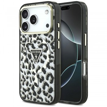 Guess Leopard Glitter Triangle Logo MagSafe GUHMP18LHLEGTGLK kryt pro iPhone 18 Pro / iPhone 17 Pro černý