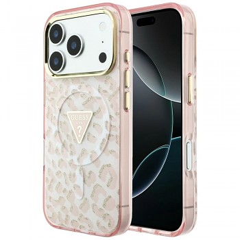Guess Leopard Glitter Triangle Logo MagSafe GUHMP18LHLEGTGLP kryt pro iPhone 18 Pro / iPhone 17 Pro růžový