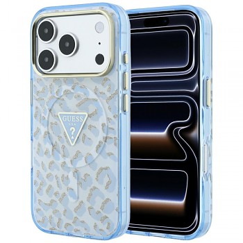 Guess Leopard Glitter Triangle Logo MagSafe GUHMP18LHLEGTGLU kryt pro iPhone 18 Pro / iPhone 17 Pro světle modrý