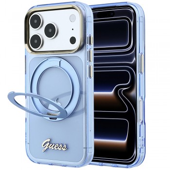 Guess Ring Stand Script Metal Logo MagSafe GUHMP18L6HCCMSB kryt na iPhone 18 Pro / iPhone 17 Pro světle modrý