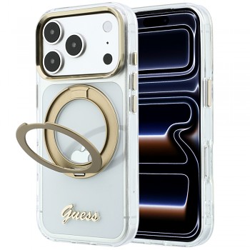 Guess Ring Stand Script Metal Logo MagSafe kryt pro iPhone 18 Pro / iPhone 17 Pro GUHMP18L6HCCMST průhledný