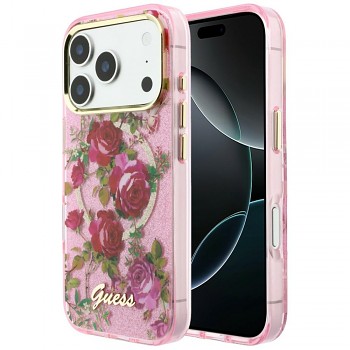 Guess IML Glitter Blossom Roses MagSafe GUHMP18L6HTBGSLP kryt pro iPhone 18 Pro / iPhone 17 Pro růžový