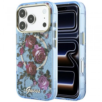 Guess IML Glitter Blossom Roses MagSafe GUHMP18L6HTBGSLB kryt pro iPhone 18 Pro / iPhone 17 Pro světle modrý