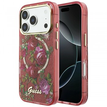 Guess IML Glitter Blossom Roses MagSafe GUHMP18X6HTBGSLU kryt pro iPhone 18 Pro Max / iPhone 17 Pro Max vínový