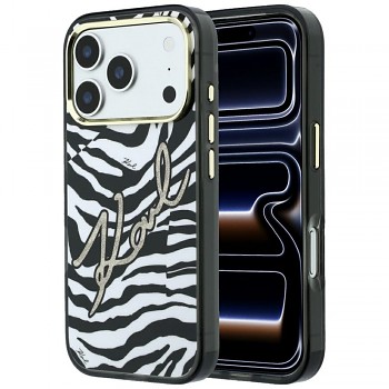 Karl Lagerfeld IML Signature Zebra Glitter Gold MagSafe kryt pro iPhone 18 Pro / iPhone 17 Pro KLHMP18L6HZSKPGD černý
