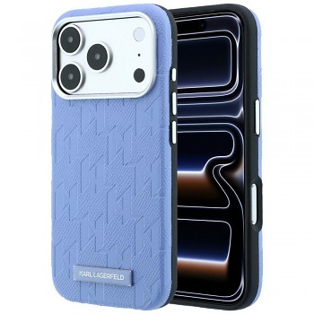Karl Lagerfeld Grained Leather Mono Resin Logo MagSafe KLHMP18L6PWKLMHB kryt pro iPhone 18 Pro / iPhone 17 Pro světle modrý
