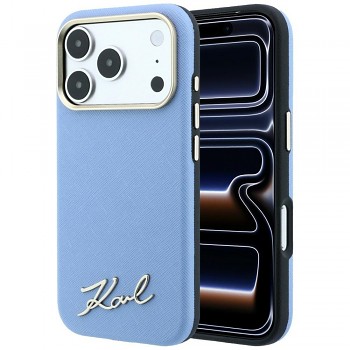 Karl Lagerfeld Saffiano Small Script Metal Logo MagSafe KLHMP18L6PWSKSB kryt pro iPhone 18 Pro / iPhone 17 Pro světle modrý