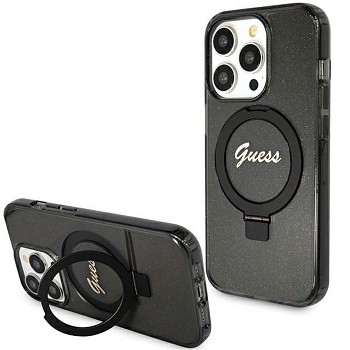 Guess Glitter Script Logo Ring stand kryt pro iPhone 15 Pro Max MagSafe GUHMP15XHRSGSK černý