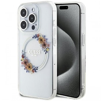 Guess Flowers Wreath kryt pro iPhone 15 Pro Max GUHMP15XHFWFCT s MagSafe průhledný