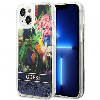 Kryt Guess Flower Liquid Glitter pro Apple iPhone 13 / iPhone 14 / iPhone 15 GUHCP14SLFLSB modrý