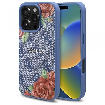 Guess 4G Flowers Print MagSafe kryt pro iPhone 16 Pro GUHMP16LP4ROPEMCB modrý
