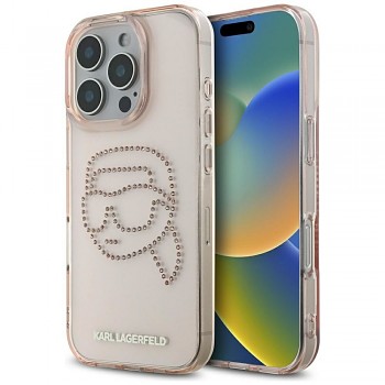 Karl Lagerfeld IML Rhinestones Karl Head kryt pro iPhone 16 Pro KLHCP16LHKHDCELP růžový