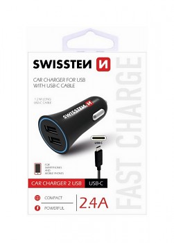 Nabíječka do auta Swissten USB-C (Type C) 2.4A Dual černá