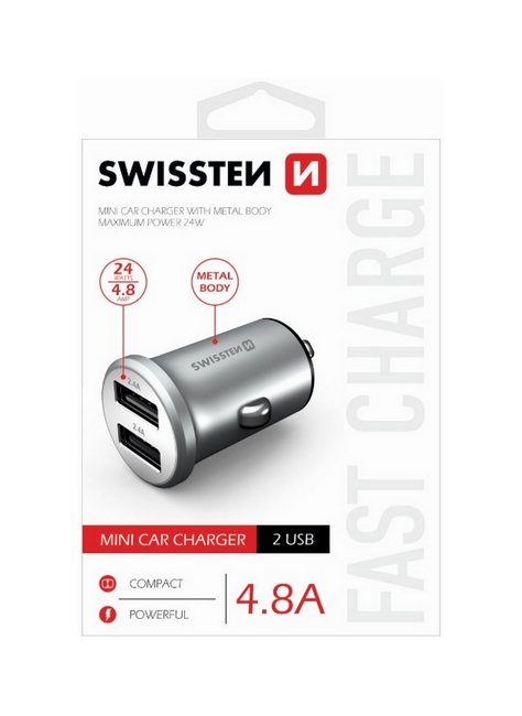 Nabíječka do auta Swissten 4.8A stříbrná Dual 30907