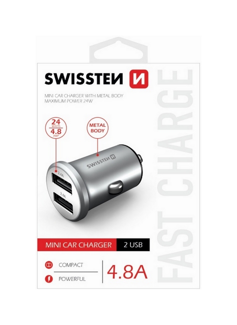 Levně Nabíječka do auta Swissten 4.8A stříbrná Dual 30907